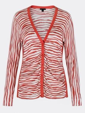 Lafayette 148 New York Coral & Off White Striped Cardigan Sweater L Coastal Arts